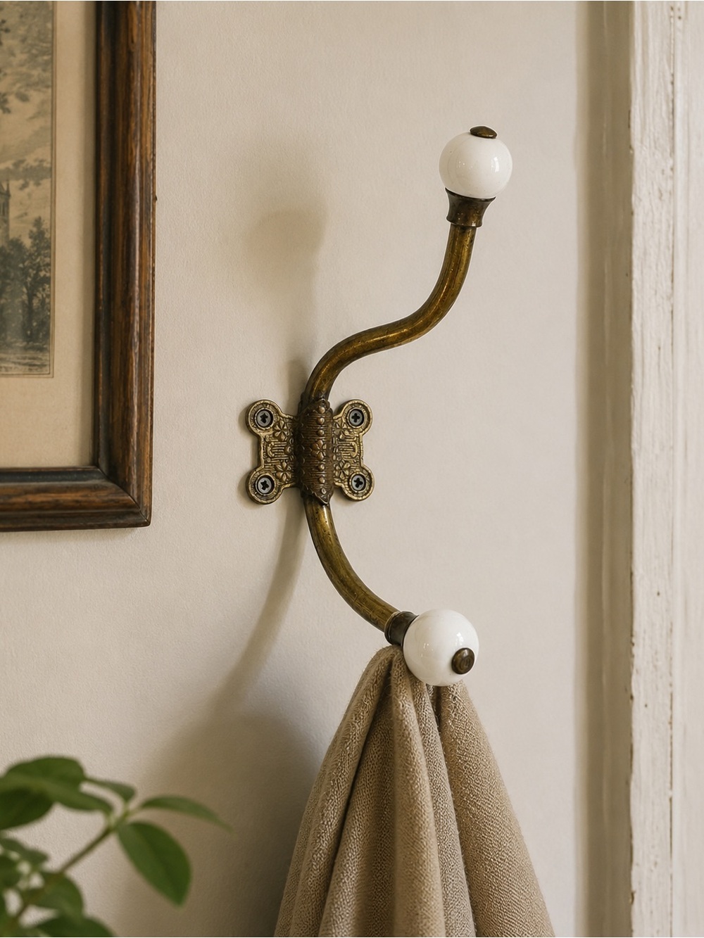 Vintage Victorian Brass Double Coat Hook Porcelain Ball Finials Wall Hook